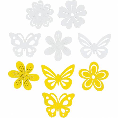 Virágok és pillangók szórni sárga, fehér fa szórni dekoráció tavaszi dekoráció 72db