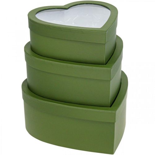 Floristik24 Virágos díszdoboz szív virágdoboz zöld 24/21,5/19 cm 3 db-os készlet