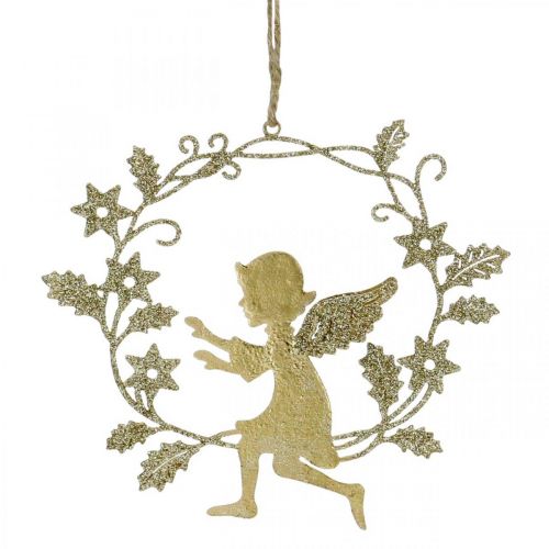 Floristik24 Angyalkoszorú, karácsonyi dekoráció, akasztható angyal, fém medál Golden H14cm SZ15,5