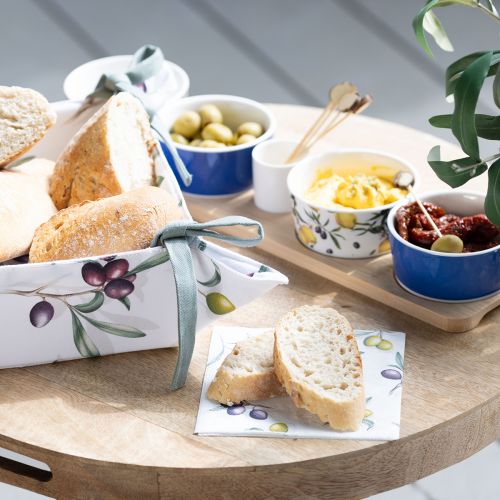 Floristik24 Kenyérkosár textil kenyértáska fehér mintás olíva 20x20x7cm