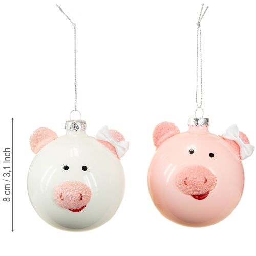 Floristik24 Karácsonyfa gömb malac rózsaszín fehér üveggolyó Ø8cm 2db
