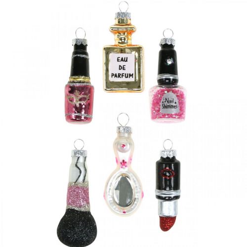 Karácsonyfadísz Beauty &amp; Glamour, üveg medálos kozmetikai mix H5,5-7cm valódi üveg 6db