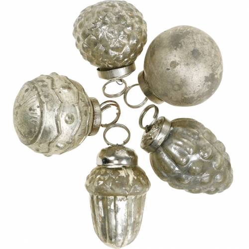 Floristik24 Mini fadíszek őszi gyümölcsök és golyók gyöngyház, antik ezüst valódi üveg 3,4-4,4cm 10db