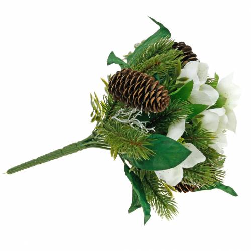 Floristik24 Mesterséges karácsonyi rózsacsokor fenyővel és tobozokkal, 26 cm
