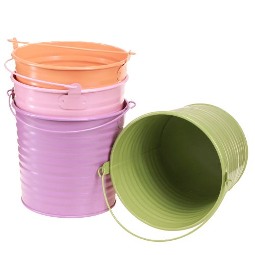 Floristik24 Dekoratív fém vödrös ültetőgép fogantyúval 4 szín Ø14cm 8 db