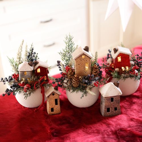Floristik24 Dekoratív kerámia házikó krémvörös szürke 10/12/13,5 cm 3 darab