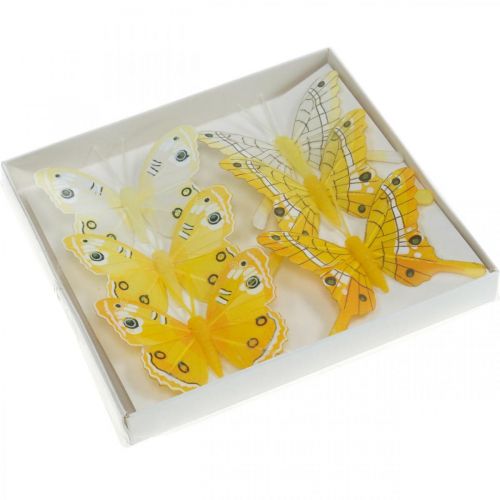 Floristik24 Dekoratív pillangók sárga toll pillangó dróton 7,5cm 6db