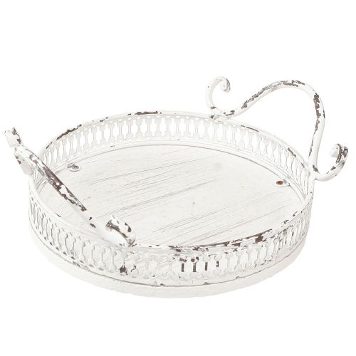 Dekoratív tálca fém fehér fogantyú kopott chic Ø20cm H8cm