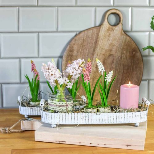 Floristik24 Dekoratív tálca, fém dekoráció ovális, gyertyatartó fehér, ezüst Shabby Chic L40 / 29,5cm 9,5 / 8,5cm 2 db-os készlet