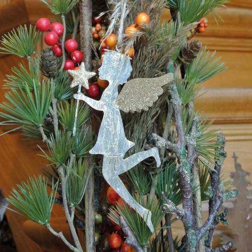 Floristik24 Dekoratív angyal varázspálcával fém akasztásához arany, ezüst 15,5cm × 9,5cm 3db