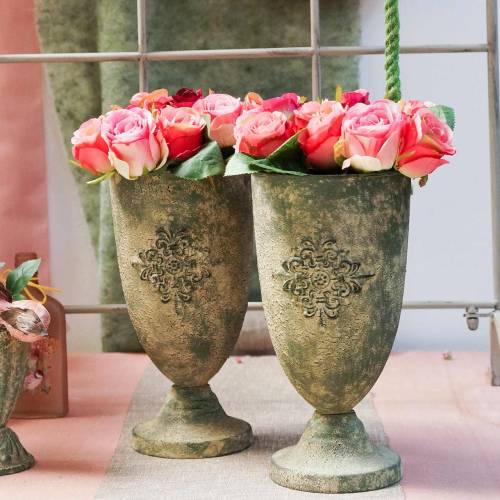 Floristik24 Dekoratív fém csésze mohazöld díszítéssel, bézs Ø16cm H31cm