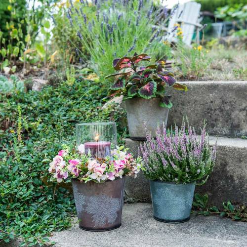 Floristik24 Dekoratív növénycserép levelekkel cink metálszürke, narancssárga, barna Ø17cm H14,5cm 3db