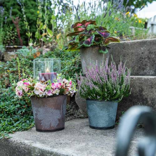 Floristik24 Dekoratív cserep levelekkel cink metálszürke, narancssárga, barna Ø18,5cm H15,5cm 3db