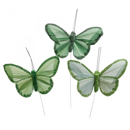 Dekoratív pillangók zöld tollas pillangók dróton 10cm 12db