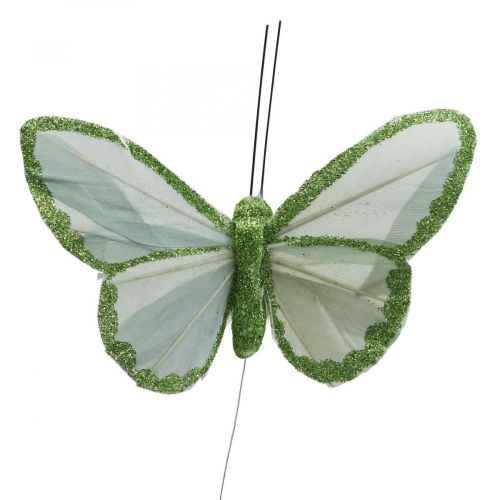 tételeket Dekoratív pillangók zöld tollas pillangók dróton 10cm 12db
