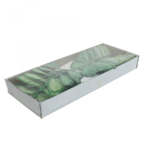 tételeket Dekoratív pillangók zöld tollas pillangók dróton 10cm 12 db