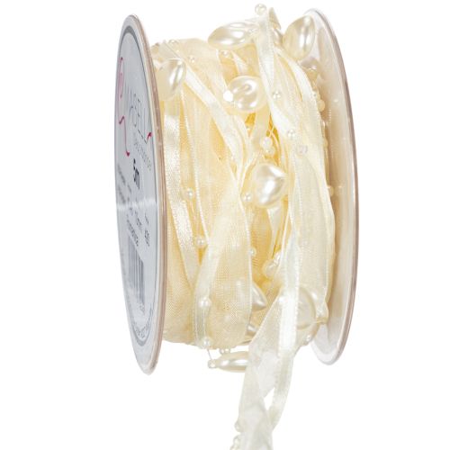 Floristik24 Dekoratív szalag, krém, szívek, gyöngyök, esküvői dekoráció, 10mm, 5m