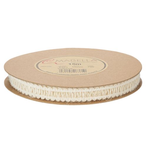 tételeket Dekoratív juta szalag, natúr ajándék szalag, krémfehér, 15mm x 15m