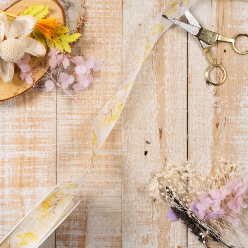 Dekoratív szalag leveles ág motívummal, organza szalag, 25 mm széles, 20 m hosszú | Floristik24.hu
