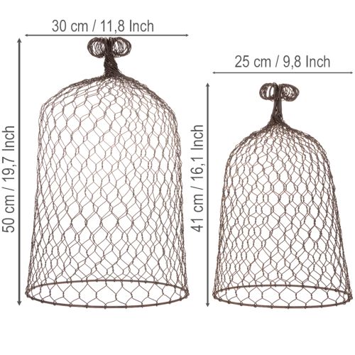 Dekoratív fém csengő, mászóeszköz, dróthálós kapucni, barna, rozsdabarna felület, M50/41cm Ø30/25cm, 2 db-os szett | Floristik24.hu