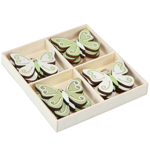 tételeket Dekoratív fogas pillangó dekoráció fa natúr zöld 5×6cm 12 db