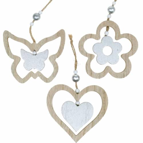 Dekor akasztó szív virág pillangó természet, ezüst fa dekoráció 6db