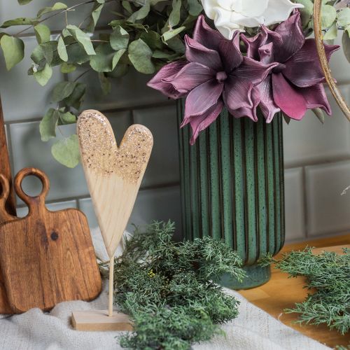 Floristik24 Dekoratív szív faállványon, csillámmal, H27cm