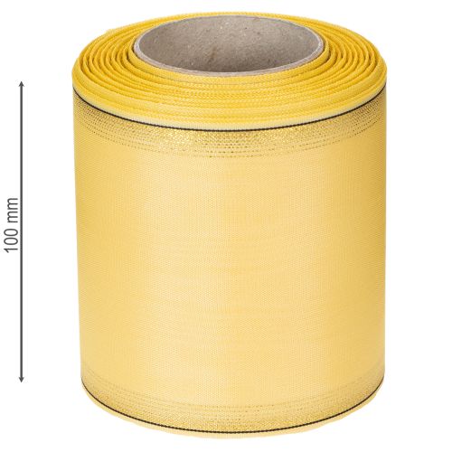 tételeket Dekoratív moaré koszorú szalag sárga színben, arany szegéllyel, szélessége 100 mm, hossza 25 m virágkötészethez és dekorációhoz.