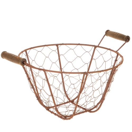 Vintage kerek drótkosár fa fogantyúkkal, fém kosár, rozsdabarna felület, Ø22cm vétel | Floristik24.hu