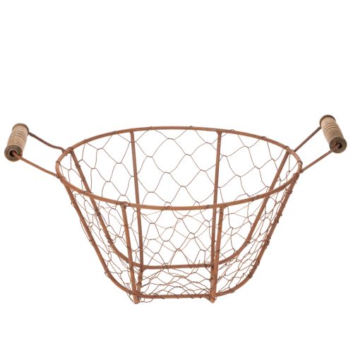 Vintage kerek drótkosár fa fogantyúkkal, fém kosár, rozsdabarna felület, Ø22cm | Floristik24.hu