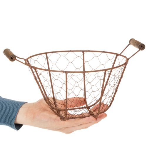 Vintage kerek drótkosár fa fogantyúkkal, fém kosár, rozsdabarna felület, Ø22cm | Floristik24.hu