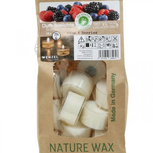 tételeket Illatos gyertyák, tealámpák piros bogyós gyümölcsök, illatos tealámpák, viaszgyertyák Ø3,8cm H2,3cm fehér 18 db