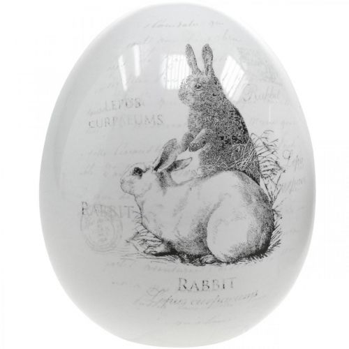 Floristik24 Kerámia tojás, Húsvéti dekoráció, Húsvéti tojás nyulas fehér, fekete Ø10cm H12cm 2 db-os szett