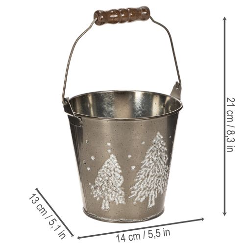 Dekoratív vödör fenyőfákkal és fa nyéllel, 13cm | Floristik24.hu