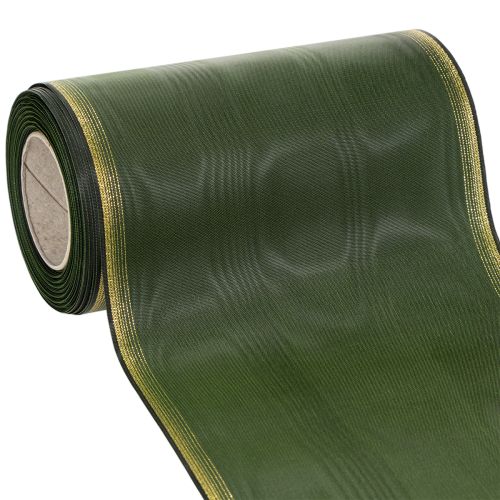 Floristik24 Elegáns moiré koszorú szalag, 175 mm, sötétzöld, gyöngyház szegéllyel és taft szövéssel ünnepi alkalmakra.