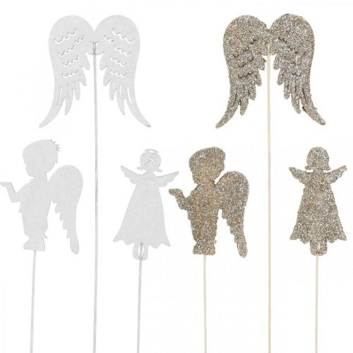 Floristik24 Adventi dugó angyal, ragasztáshoz szárnyak, fa angyalka, karácsonyi dekoráció natúr, fehér, arany csillogó 18 db
