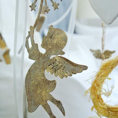 tételeket Angyal pitypanggal, karácsonyi dekoráció, dekoratív medál, fém dekoráció arany antik megjelenés H16/15cm 4db
