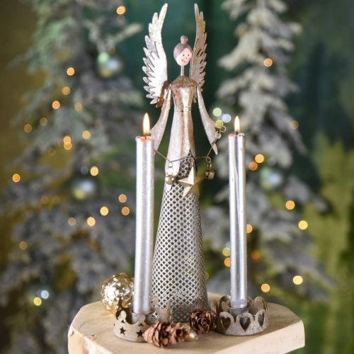 tételeket Dekoratív angyalfigura füzérrel, karácsonyi fém 13 × 8,5 cm H40 cm