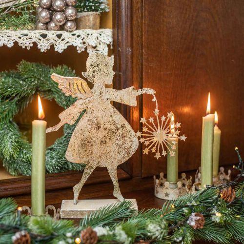 tételeket Angyal pitypanggal, karácsonyi fém dekorációval, dekorációs figurával Adventi arany antik megjelenés H27,5cm