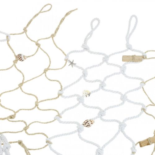 Floristik24 Halászháló kagylókkal és uszadékfával, tengeri, dekoratív háló, tengeri dekoráció 72 × 120 cm