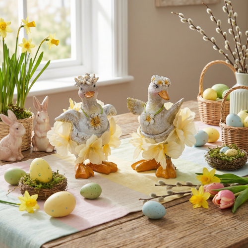 tételeket Dekoratív kacsafigura virágos ruhában, tavaszi, részletes nyári dekorációs kiegészítő, 11 cm, 2 darab