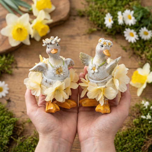 tételeket Dekoratív kacsafigura virágos ruhában, tavaszi, részletes nyári dekorációs kiegészítő, 11 cm, 2 darab