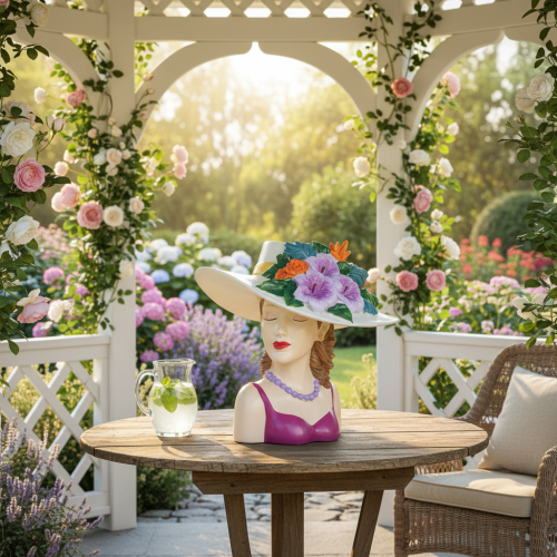 tételeket Virágváza, kalapos nő virágokkal, kaspó dekoráció, beltéri és kültéri használatra, 20cm