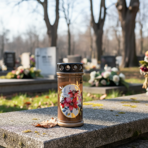 tételeket Sírgyertyák barna sírlámpák virágok Ø7.5cm M16.5cm 6 db