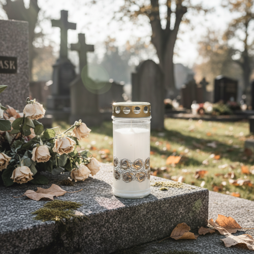 tételeket Sírgyertyák fehér rózsák gyászfény emléklámpa Ø7cm H18cm 90h 2db