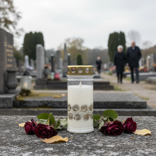 tételeket Sírgyertya fehér rózsák arany gyászfény Ø7cm H18cm 77h