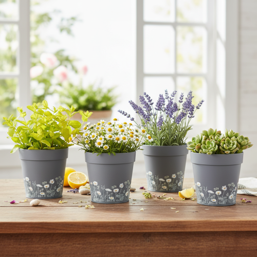 tételeket Virágcserép virágmintával modern otthoni és nyári erkélydekorációba, 13 cm, 4 darab