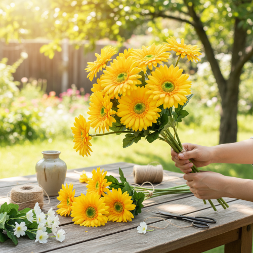 tételeket Művirágok Gerbera Sun Yellow Kerti Virág 47cm