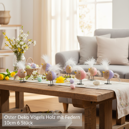 tételeket Dekoratív fa madár tollakkal és színes testtel asztaldísznek, 10 cm, 6 darab