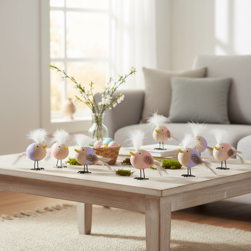 tételeket Dekoratív fa madár tollakkal és színes testtel asztaldísznek, 10 cm, 6 darab